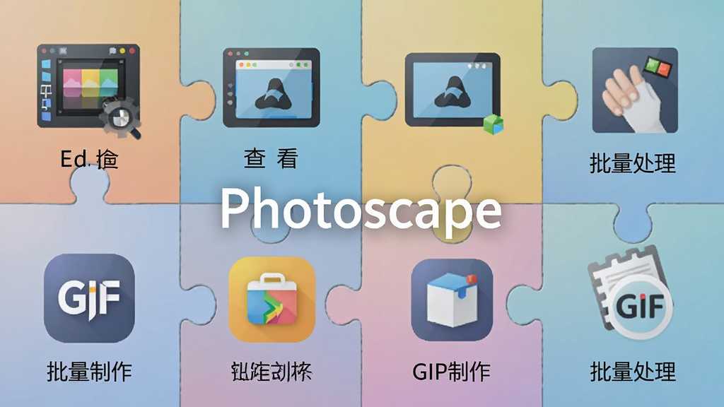 一张展示Photoscape多种功能图标集合的创意拼贴图,画面中央以拼图形式排列着编辑器、查看器、批量处理、GIF制作等图标,每个图标下方配有中文标签,背景为柔和的渐变色,整体排版整齐,风格现代简约,图片中带有