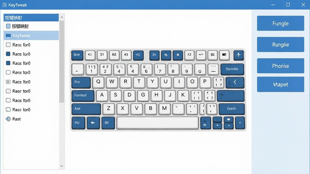 KeyTweak软件主界面预览图,主体为简洁的键盘布局图,左侧列出按键映射列表,右侧为功能操作按钮,整体风格清爽专业,采用蓝色调,界面干净无多余元素,画质清晰