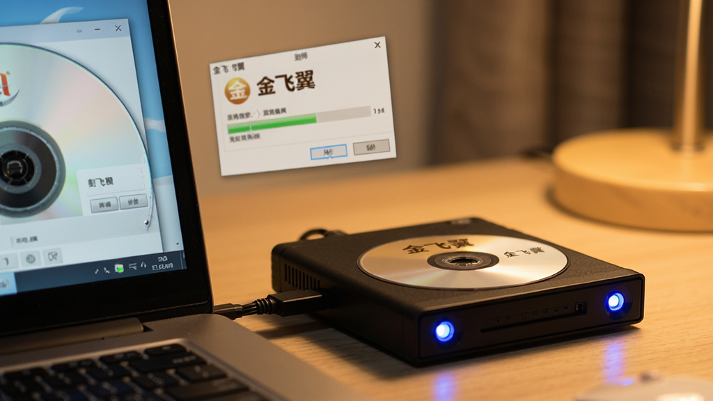 主体:笔记本电脑连接外置光驱运行金飞翼影碟刻录大师;布局:电脑屏幕显示刻录进度对话框,光驱亮起蓝灯;排版:特写镜头,突出光驱与软件界面;风格:写实摄影风格,室内暖光;细节:光盘标签上有“金飞翼”字样;画质:高清,无多余元素。