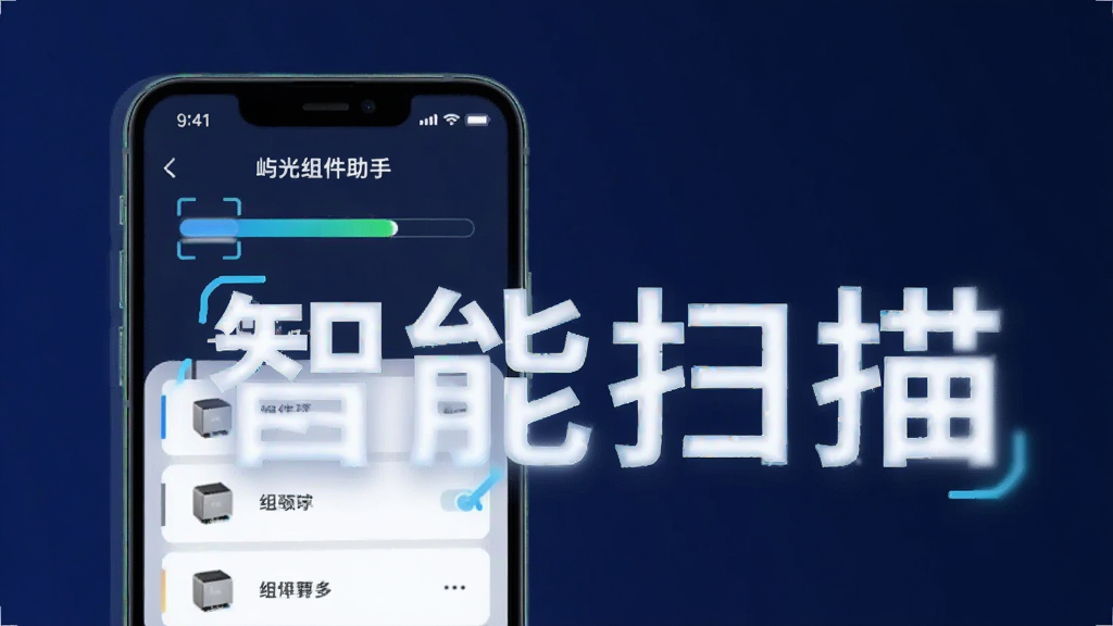一张关于屿光组件助手智能扫描功能的示意图,手机屏幕显示扫描进度条和组件列表,突出“智能扫描”字样,风格为科技感插画,背景为深蓝色,画质清晰,无多余元素