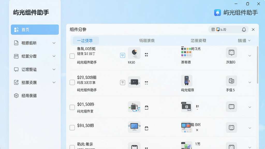 一张展示屿光组件助手主界面的高清截图,界面布局简洁清晰,左侧为功能导航栏,右侧为组件列表,背景为淡蓝色渐变,整体风格现代简约,画质干净,无多余元素,文字标注“屿光组件助手”