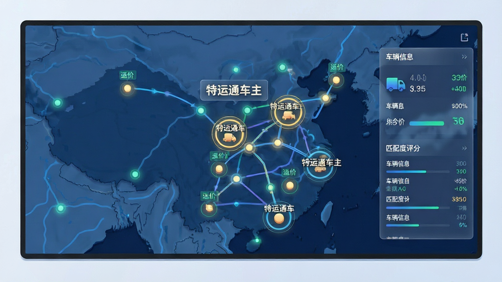 画面主体为一块巨大的电子地图显示屏,上面分布着多个发光的光点代表货源位置,其中几个光点被高亮圆圈标记并显示“特运通车主”字样。布局为中心构图,地图占据画面大部分,右侧有一个半透明的数据面板,显示车辆信息与匹配度评分。排版科技感强,风格扁平化结合微立体,细节包括路线连线与运价标签,画质清晰明亮,干净,无多余元素。