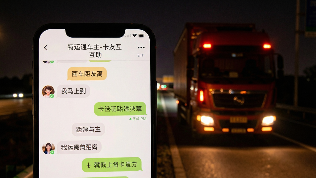 画面主体为手机聊天界面截图风格,背景是公路夜景,一辆开着双闪的卡车停在路边,界面上方显示“特运通车主-卡友互助”群聊窗口,有车友回复“我马上到”。布局为前景手机屏幕占主体,背景虚化突出主体。排版社交化,风格温馨写实,细节包括屏幕上的文字气泡与距离指示,画质清晰,干净,无多余元素。