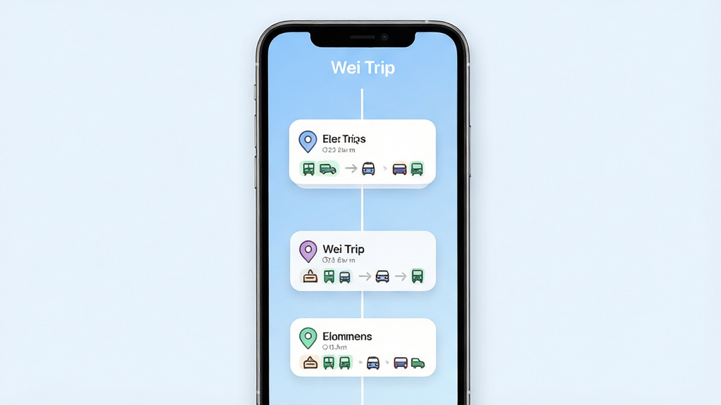 Wei Trip智能行程规划界面预览图,画面展示手机屏幕中一条清晰的时间轴,上面排列着景点卡片,每张卡片包含时间、地点名称和交通方式图标,背景为淡蓝色渐变,时间轴以垂直线条连接,卡片采用圆角设计,排版整齐,风格清爽,细节丰富,画质高清,干净无杂乱元素,屏幕顶部显示“Wei Trip”字样