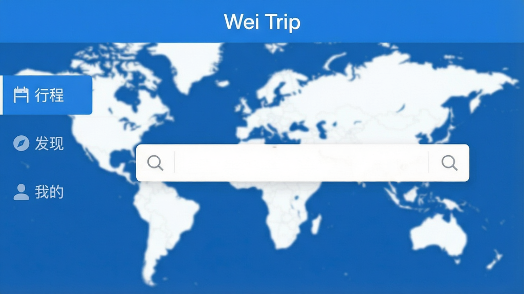 一张展示Wei Trip应用主界面的高清截图,画面中央是简洁的搜索栏,背景为模糊的世界地图轮廓,界面以蓝白为主色调,布局清晰,左侧列出“行程”、“发现”、“我的”三个标签页,排版规整,风格现代简约,细节精致,画质清晰干净,无多余元素,顶部显示“Wei Trip”字样