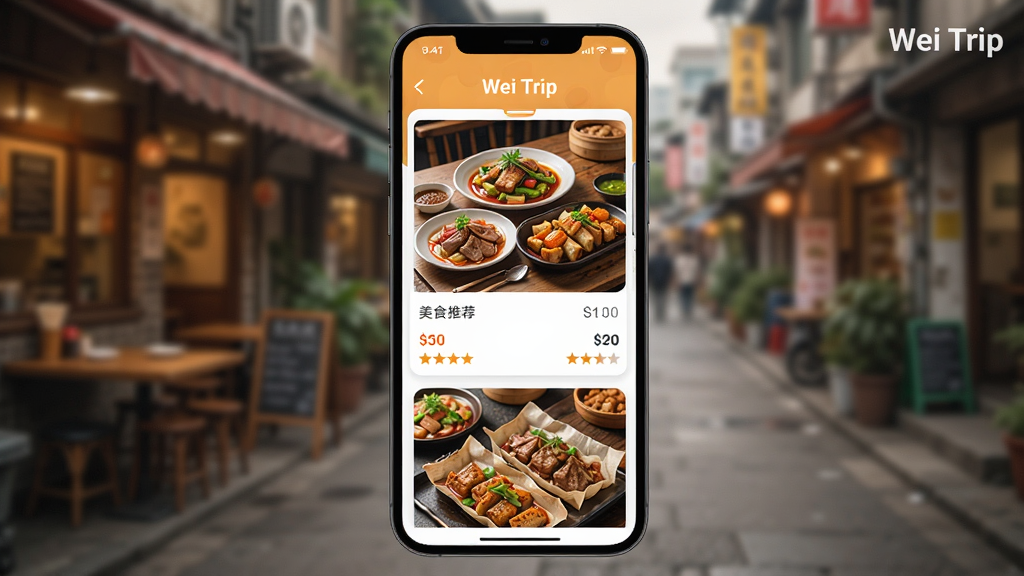 Wei Trip美食推荐页面展示图,图像中手机屏幕显示一家温馨的街头小餐馆,桌上有几道特色菜肴,旁边标注价格和评分,背景是模糊的街景,界面色彩温暖,食物图片清晰诱人,布局为上下滑动卡片式,风格写实,细节丰富,画质高清,干净无多余元素,屏幕角落有“Wei Trip”水印