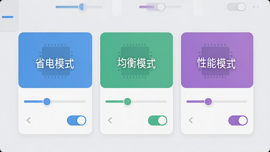 一张ChipletRing性能模式切换界面的展示图,画面主体是几个不同颜色的模式卡片,上面分别写着“省电模式”、“均衡模式”、“性能模式”,卡片下方有滑块与开关,背景为浅灰色,排版整齐,风格简约,细节清晰,画质干净,无多余元素