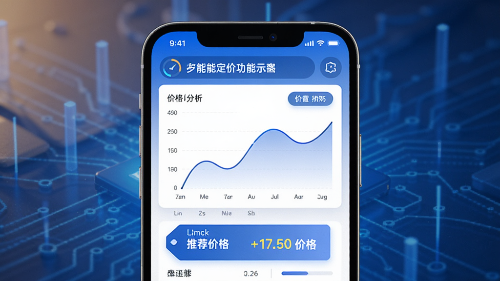 夕阳代售智能定价功能示意图,手机屏幕显示价格分析曲线和推荐价格标签,背景为蓝色科技感风格,界面数据可视化,画质干净,无多余元素