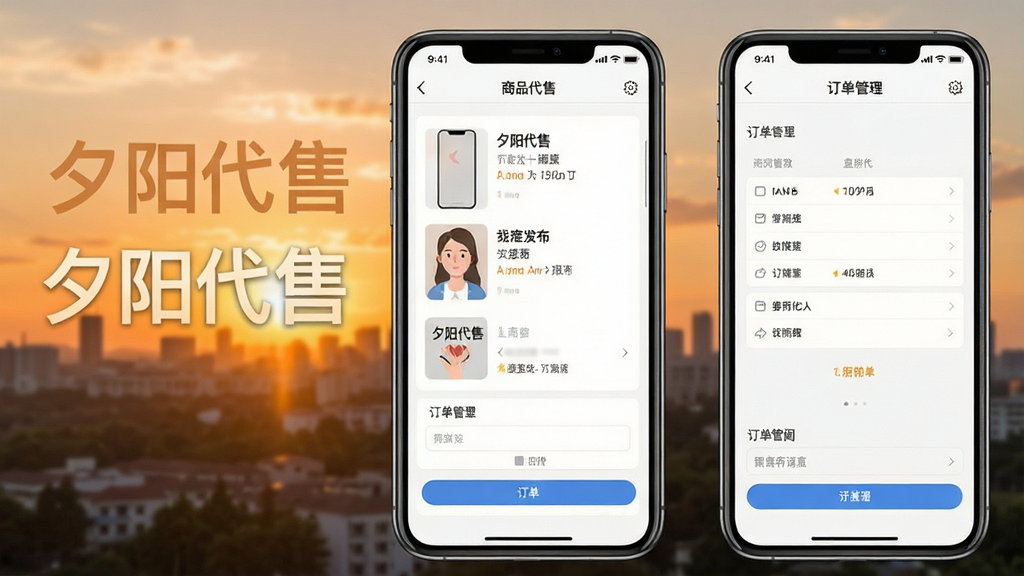 夕阳代售手机操作截图,展示商品发布流程和订单管理界面,背景为手机实拍图,画面清晰,布局合理,突出“夕阳代售”名称,画质干净,无多余元素
