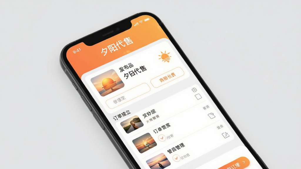 夕阳代售软件主界面预览图,手机屏幕展示商品发布页面和订单管理列表,背景为浅灰色简洁风格,界面布局清晰,顶部有“夕阳代售”字样,整体色调温暖明亮,画质干净,无多余元素