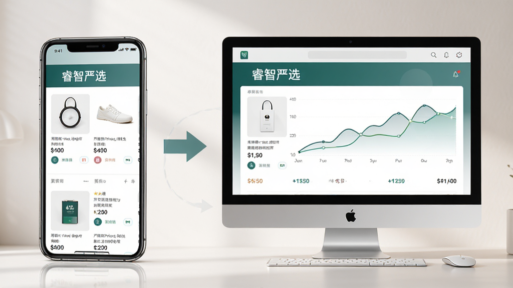 主体:一部手机和一台电脑并排摆放,屏幕上都显示睿智严选的界面。布局:手机在左,电脑在右,中间有箭头连接。排版:界面显示商品列表和价格曲线。风格:写实风格,光线柔和。细节:手机和电脑屏幕中均显示“睿智严选”字样。画质:超清,干净,无多余元素。