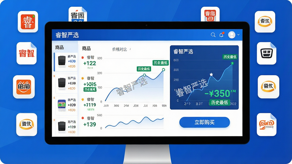 主体:电脑屏幕或手机屏幕上显示睿智严选的比价界面,多个电商平台logo环绕,中央显示价格对比折线图。布局:界面左侧为商品列表,右侧为价格趋势图,底部有“立即购买”按钮。排版:数据可视化清晰,价格数字突出。风格:现代商务风格,蓝白主色调。细节:图表上标注“睿智严选”水印,价格数字用绿色显示“历史最低”。画质:高分辨率,干净,无多余元素。