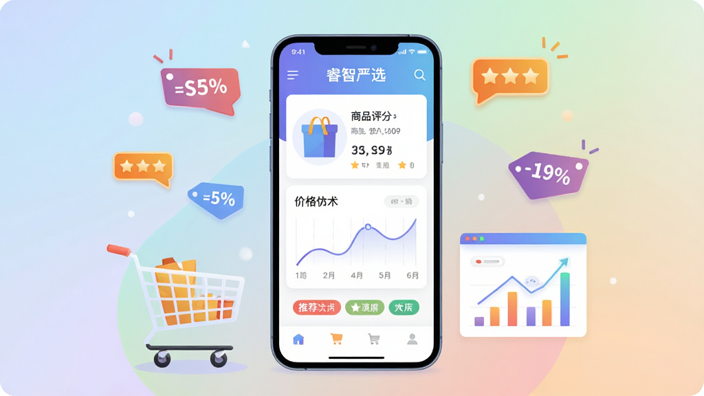 主体:智能手机屏幕展示睿智严选APP界面,界面包含商品评分、价格曲线、推荐标签等元素,旁边有购物车和数据图表。布局:手机居中,界面清晰,周围有漂浮的折扣标签和五星好评图标。排版:手机界面UI设计简洁现代,信息层级分明。风格:扁平化插画风格,色彩明快,突出科技感与可信赖感。细节:手机屏幕内显示“睿智严选”字样,背景为柔和的渐变色。画质:4K高清,干净,无多余元素。