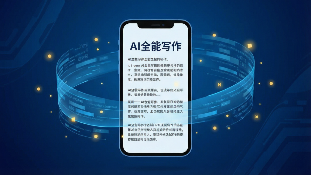 一幅展示AI全能写作软件核心功能的宽幅宣传图,主体为一块悬浮的智能手机屏幕,屏幕上正在生成一篇结构完整的文章,文字内容清晰可见,标题为“AI全能写作”,屏幕周围环绕着轻盈的蓝色数据流和金色光点,背景为渐变的深蓝色科技感空间,布局采用居中对称式,排版简洁大气,风格偏向现代扁平化插画,细节处理精致,画面干净,无多余元素,8K画质