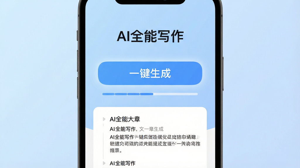 展示AI全能写作一键生成功能的截图,主体为手机应用界面,中央有一个醒目的“一键生成”按钮,按钮下方是文章大纲的缩略图,背景为浅蓝色渐变,界面顶部显示“AI全能写作”,布局采用垂直居中,排版简洁直观,风格为iOS风格的扁平化设计,细节包括按钮的微光和进度条动画,画质干净,无多余元素