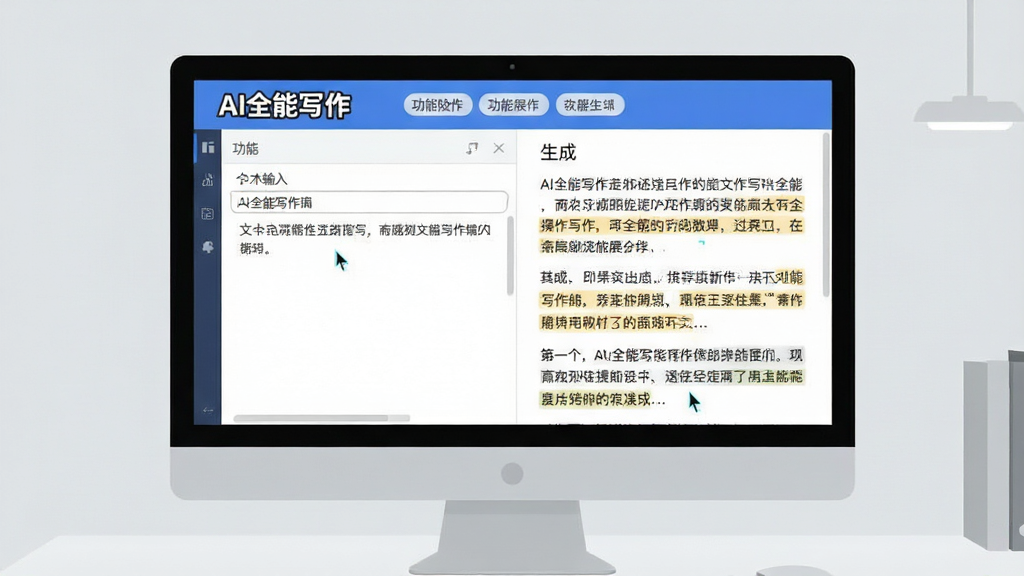 一张AI全能写作软件功能展示图,主体为电脑屏幕上的软件操作界面,左侧是文本输入区域,右侧实时显示生成的文章段落,界面顶部有“AI全能写作”的Logo和功能标签,背景为简洁的浅灰色办公桌面,布局采用左右分栏式,排版规整,风格为扁平化UI设计,细节包括光标闪烁和文字高亮,画质清晰,干净,无多余元素
