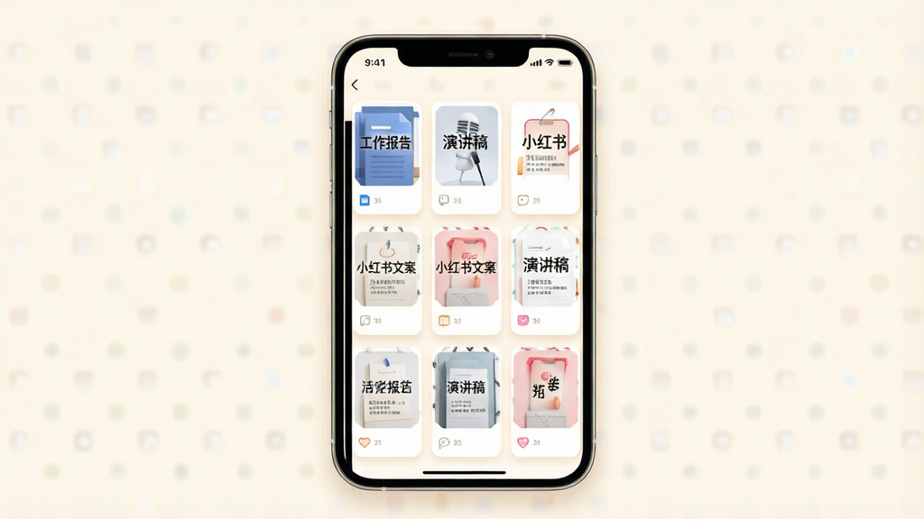 一张展示AI全能写作多场景模板的界面设计图,主体是手机屏幕上的模板库页面,以网格形式展示不同风格的模板卡片,每张卡片上标注着“工作报告”、“演讲稿”、“小红书文案”等字样,背景为柔和的暖白色,布局为九宫格排列,排版整齐,风格为清新简洁的UI设计,细节包括卡片阴影和圆角,画质干净,无多余元素