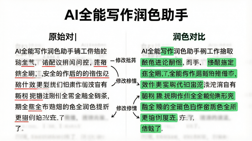 一张展示AI全能写作润色功能的对比图,主体为左右两栏,左侧是原始文本,其中一些词语用红色下划线标出,右侧是润色后的文本,用绿色高亮显示修改部分,背景为干净的白色,顶部有“AI全能写作润色助手”字样,布局为左右对照,排版清晰,风格为简洁的对比式设计,细节包括修改批注和箭头指示,画质干净,无多余元素