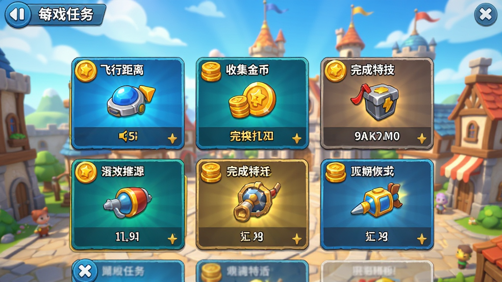 游戏每日任务界面,展示多个任务卡片,包括飞行距离、收集金币、完成特技等,背景为明亮的主城界面,主体为任务列表,布局为卡片式,排版整齐,风格活泼,细节丰富,画质高清,干净无多余元素