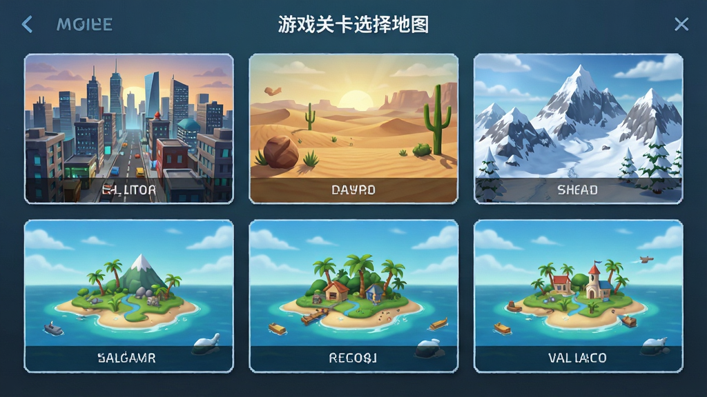 游戏关卡选择地图,展示多个不同场景的缩略图,包括城市、沙漠、雪山、海岛,主体为地图界面,布局为网格状,排版清晰,风格清新,细节丰富,画质高清,干净无多余元素
