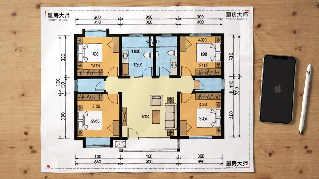 主体为一张生成完毕的彩色户型平面图平铺在木质桌面上,旁边放着一部手机和一支触控笔。图纸上清晰标注着各房间名称与黑色尺寸数字。布局为俯拍视角,排版工整。风格简约写实,细节上图纸边缘有