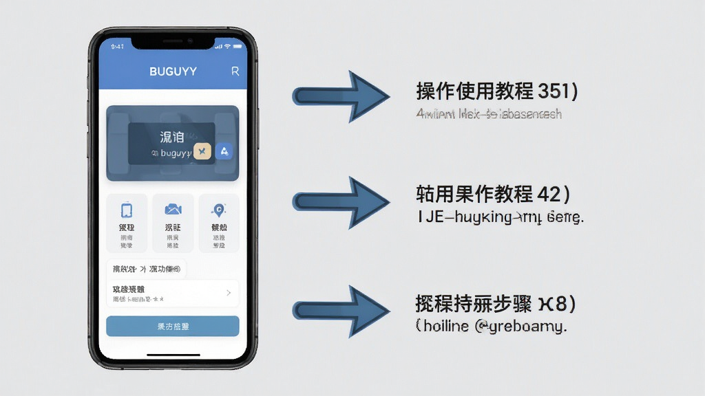 buguyy使用教程步骤示意图,手机屏幕展示主要功能页面,旁边配有操作箭头指示,背景为浅灰色调,风格简洁明了,画质清晰,无多余元素