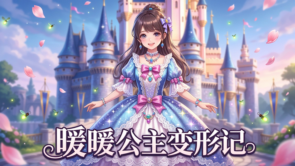 主体:一位身穿华丽公主裙的少女站在梦幻城堡前,裙摆闪耀着星光。布局:少女位于画面中央,城堡作为背景,周围有飘落的花瓣和闪烁的萤火虫。排版:画面下方有游戏名称“暖暖公主变形记”的艺术字,字体优雅。风格:二次元唯美风,色彩明亮柔和,细节丰富。细节:裙子上的蕾丝、珠宝、蝴蝶结清晰可见,少女面带甜美微笑。画质:8K超高清,干净无多余元素。