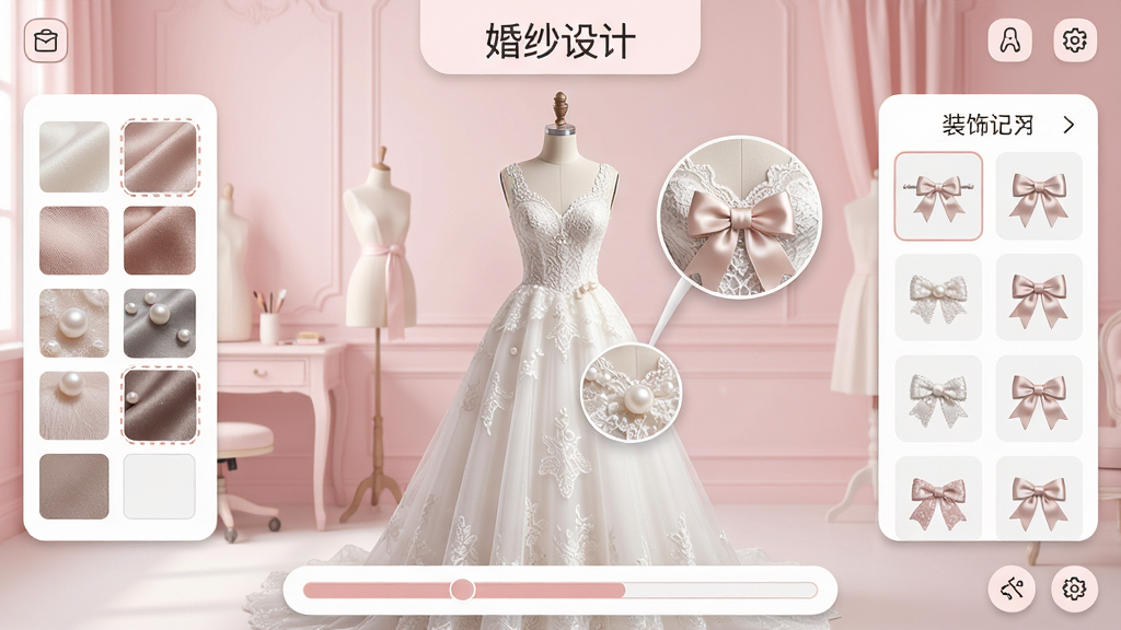 主体:“暖暖公主变形记”婚纱设计界面,展示一件半成品婚纱和设计工具。布局:婚纱模型在中间,左侧是面料色板,右侧是装饰物选项,底部有设计进度条。排版:界面简洁,按钮图标清晰,顶部有“婚纱设计”字样。风格:现代简约与古典融合,背景为淡粉色工作室。细节:婚纱上的蕾丝、珍珠、蝴蝶结等细节可放大查看,工具图标精致。画质:高清,干净无多余元素。