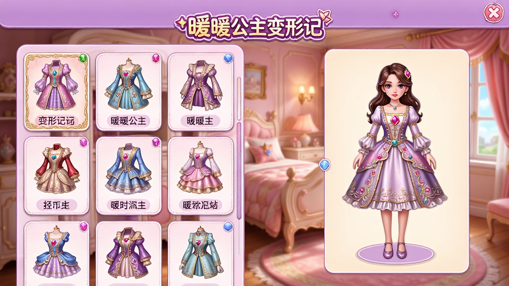 主体:游戏内“暖暖公主变形记”的衣橱界面,展示多件华丽服装。布局:界面分为左右两栏,左侧是服装列表,右侧是穿着效果预览,背景为温馨的公主卧室。排版:服装卡片整齐排列,每件都有缩略图和名称,顶部有“暖暖公主变形记”的LOGO。风格:清新UI设计,粉紫色调,图标精致。细节:服装上镶嵌的宝石、刺绣清晰可见,人物模型精致。画质:高清,画面干净无多余元素。