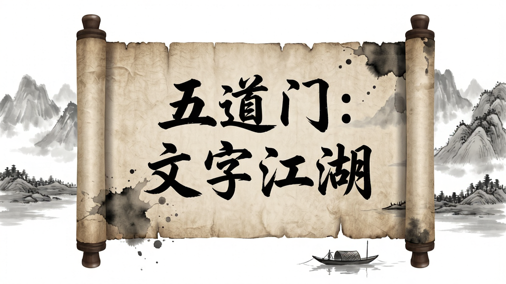 主体为古朴的武侠卷轴缓缓展开,卷轴上浮现出“五道门:文字江湖”几个苍劲有力的毛笔字,背景是水墨风格的远山与孤舟。布局采用居中对称,卷轴占据画面主体。排版上文字竖排,周围留白。风格为古典水墨国风,细节包括卷轴的纸质纹理和墨迹的晕染感。画质要求高清细腻,干净无多余元素。