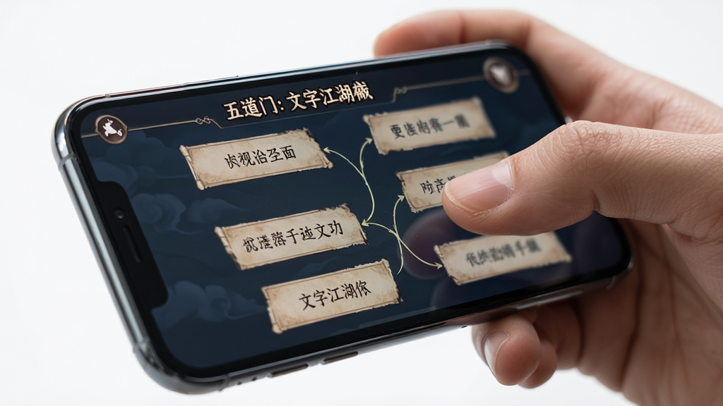 主体为一名玩家正在使用手机游玩《五道门:文字江湖》的场景特写,手机屏幕内显示着文字的选项分支。布局为侧视构图,手机位于画面中央偏右。排版突出屏幕内的文字内容。风格为现代生活写实风,细节包括手机外壳的光泽和手指触碰屏幕的动态。画质高清微距,干净无多余元素。