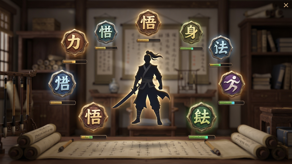 主体为角色属性面板的3D概念图,界面悬浮着各种属性图标,如“力量”、“悟性”、“身法”,背景是古色古香的书房。布局采用环绕式,属性图标围绕中央的侠客剪影。排版整洁,图标下方有细小的数值条。风格为UI界面概念设计,细节要突出图标的质感和光效。画质高清,画面干净,无多余元素。