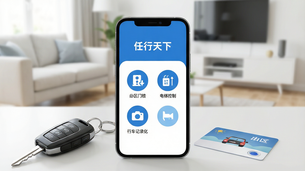 一张智能手机屏幕特写,屏幕内显示“任行天下”APP的主界面,界面风格为简约的蓝白配色,顶部有“任行天下”字样,下方排列着小区门禁、电梯控制、行车记录仪等圆形功能图标,手机旁边放置着一把精致的车钥匙和一张小区门禁卡,背景为干净明亮的现代客厅,整体画面清晰、光线柔和,突出智能互联与便捷生活的主题,画质干净,无多余元素