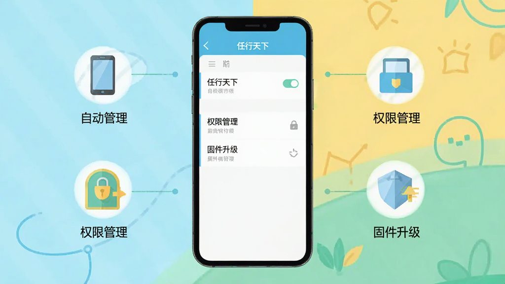 一个手机操作界面图,屏幕显示“任行天下”APP的设置页面,其中有“自启动管理”、“权限管理”、“固件升级”等菜单选项,手机旁边有相关的文字标注图示,背景简洁,整体风格为扁平化插画风格,色彩清新,画质干净,无多余元素