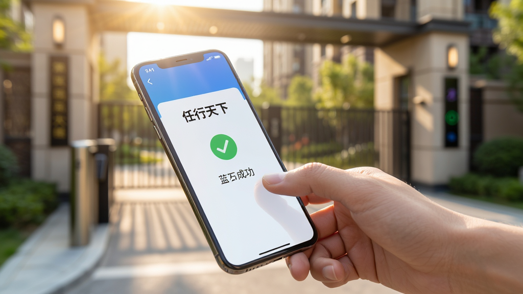 高清特写图片,画面中央是一只手持智能手机轻触小区大门口禁读卡器的场景,手机屏幕亮起并显示“任行天下”APP的蓝牙连接成功界面,带有绿色对勾标志,背景是模糊的现代小区大门,阳光洒落,强调快速、便捷、安全的通行体验,照片风格写实,细节丰富,画质清晰,无多余元素