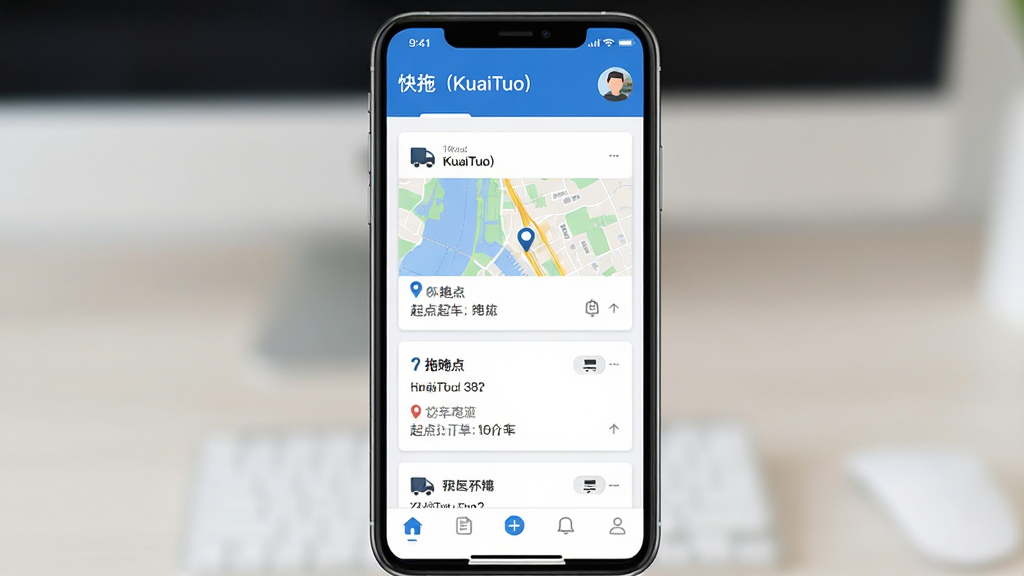 一张展示快拖(KuaiTuo)软件在智能手机上运行的界面预览图,主体为手机屏幕中的订单列表页面,布局清爽,上方显示软件名称“快拖(KuaiTuo)”和用户头像,中部为拖车订单卡片,包含起点终点地图缩略图,底部为导航栏,整体采用蓝色与白色为主色调,扁平化设计风格,画质清晰,干净无多余元素