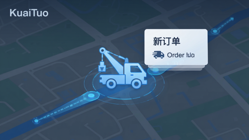 一张快拖(KuaiTuo)智能派单功能的概念图,主体为地图背景上的订单推送动画,布局中央显示一辆拖车图标和订单卡片,卡片上有“新订单”字样,周围有路线轨迹线条,风格简约科技感,蓝色调为主,画质干净,无多余元素