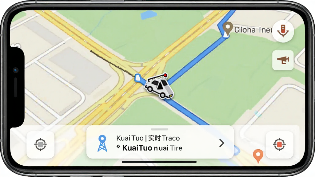一张快拖(KuaiTuo)实时轨迹追踪功能的界面截图,主体为手机地图界面,布局显示一辆拖车图标沿蓝色路线移动,底部有预计到达时间卡片,地图上有道路和地标,风格写实,色彩鲜明,画质高清,干净无多余元素