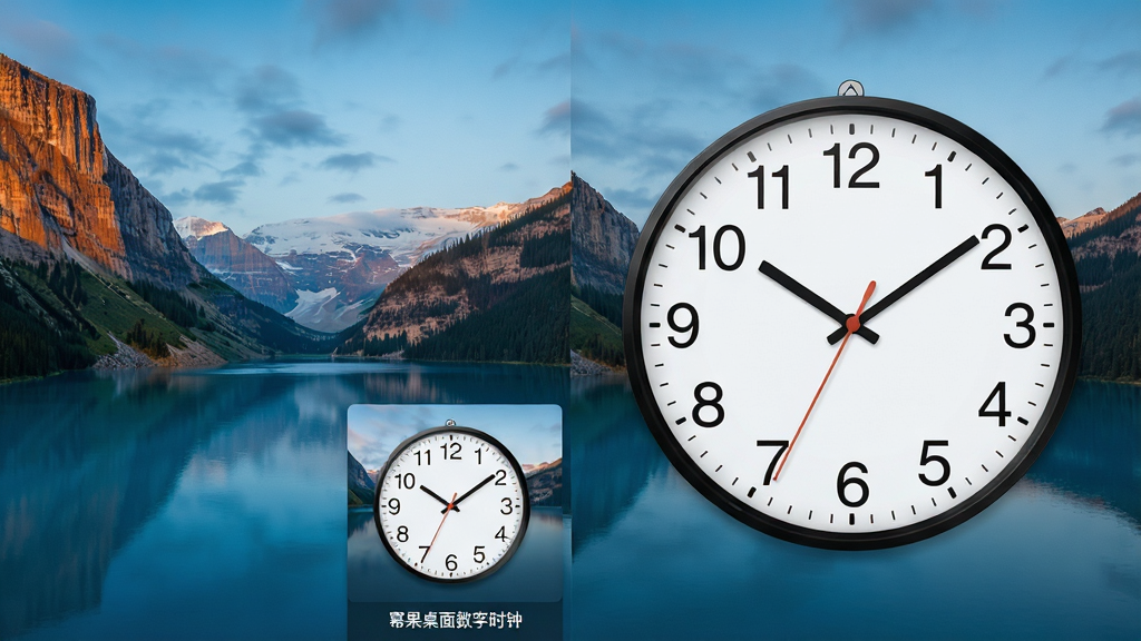 一张对比图,左侧为小尺寸的“幂果桌面数字时钟”在屏幕右下角显示,右侧为大尺寸时钟在屏幕中央显示,背景为自然风景壁纸,布局左右对比,排版清晰,风格直观,细节展示不同尺寸下的视觉效果,画质细腻,无多余元素