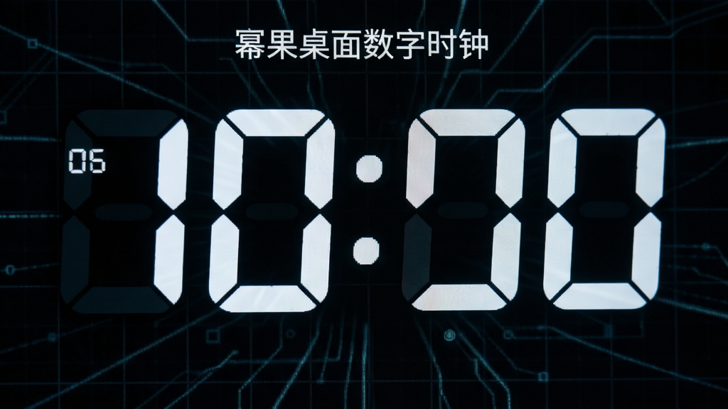 特写镜头展示“幂果桌面数字时钟”的界面,主体为放大的数字时间显示,字体边缘锐利,背景为深色科技感网格,突出毫秒级跳动的数字,布局居中,排版简洁,风格专业,细节展现精准计时的质感,画质清晰,干净无多余元素