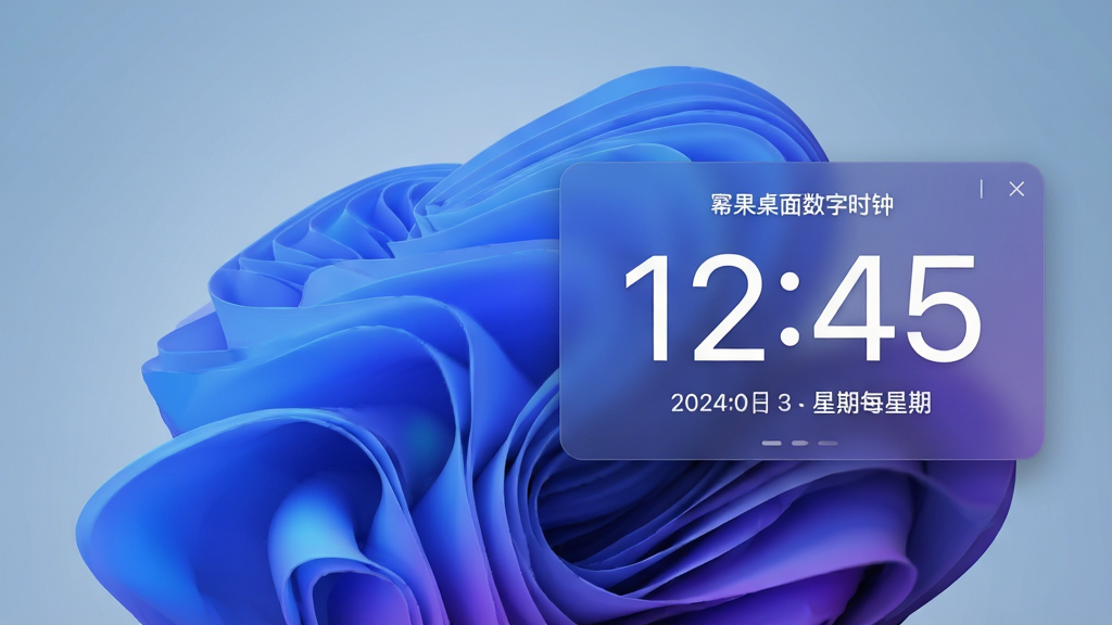 一张高清电脑桌面截图,画面中央偏右悬浮着一款名为“幂果桌面数字时钟”的极简风时钟小部件,显示大号白色数字时间“12:45”,下方配有日期与星期信息,背景为整洁的蓝紫色渐变抽象壁纸,整体布局干净,排版居中,风格现代简约,细节清晰,画质细腻,无多余元素