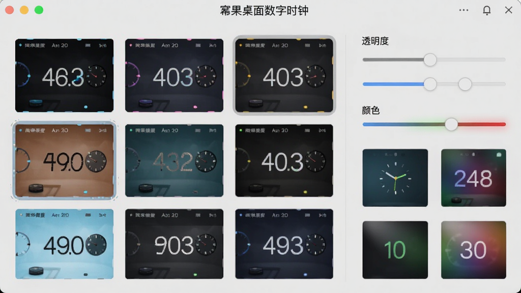 展示“幂果桌面数字时钟”的皮肤设置界面,左侧为预览区域显示不同皮肤效果,右侧为透明度和颜色调节滑杆,背景为浅灰色调,布局清晰,排版规整,风格简洁,细节展示多种主题缩略图,画质干净,无多余元素