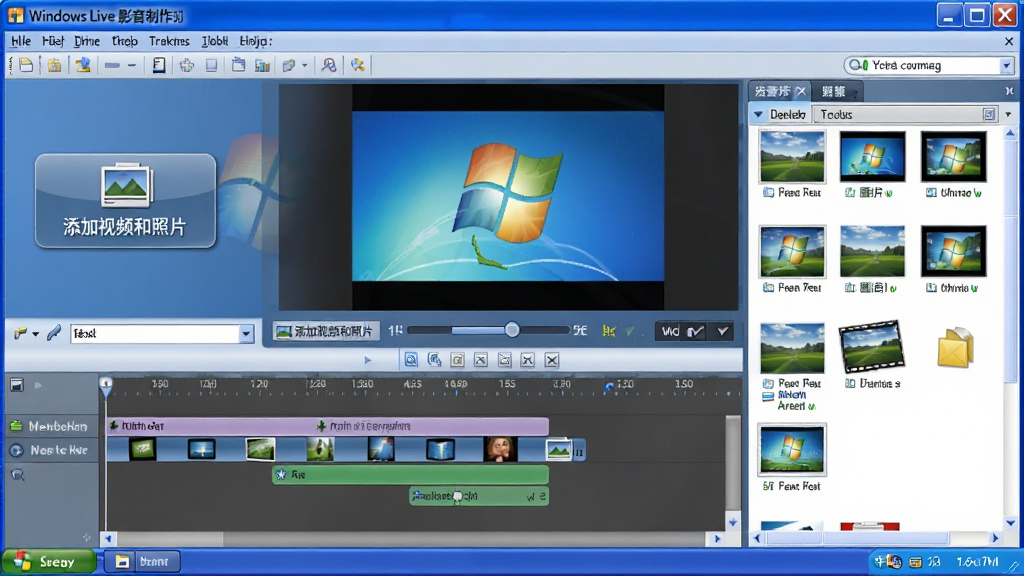 一幅展示Windows Live 影音制作软件主界面的高清截图,界面包含时间线轨道、预览窗口、素材库面板,左侧有“添加视频和照片”按钮,整体风格为Windows经典蓝色调,布局清晰,画质干净,无多余元素