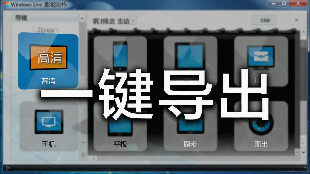 一张展示Windows Live 影音制作导出选项的图片,画面中有多个导出预设图标,如“高清”、“手机”、“平板”等,背景为软件导出界面,整体风格现代,文字标注“一键导出”,画质干净,无多余元素