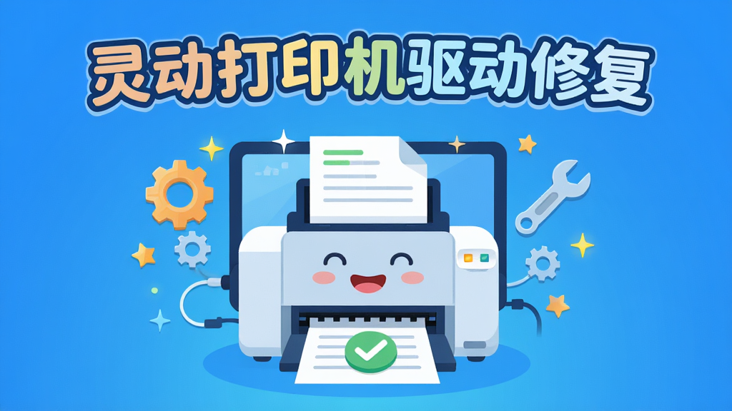 主体为电脑屏幕前一个微笑的打印机卡通形象,旁边悬浮着齿轮和扳手图标,背景为纯净的蓝色渐变。布局采用居中构图,打印机位于视觉中心,周围有闪烁的小星星和连接线元素。排版上,打印机上方用艺术字显示“灵动打印机驱动修复”,字体圆润醒目。风格为现代扁平插画,色彩明亮清新,细节包含打印机出纸口伸出一张带对勾的纸张,画质高清,画面干净,无多余元素