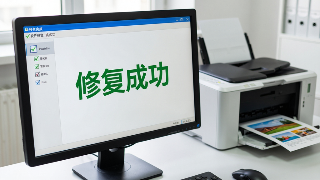 主体为电脑屏幕显示软件修复完成界面,旁边有打印机正在打印图片。布局采用屏幕居中,打印机位于右侧后方。排版上,屏幕内显示“修复成功”绿色大字。风格为写实摄影风格,光线柔和。细节包括屏幕上的勾选标记,打印机出纸口有纸张,纸张上印有彩色文档,画质清晰,背景为整洁的办公桌。