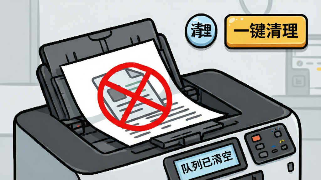 主体为打印机出纸口卡住一张纸张,旁边有一个“清理”按钮图标。布局采用近景特写,打印机位于画面下侧,按钮位于右上角。排版上,按钮上写有“一键清理”字样。风格为卡通漫画风格,色彩明快。细节包括纸张上的文档图标被红色圆圈划掉,打印机屏幕显示“队列已清空”,画质干净,背景为浅灰色工作室