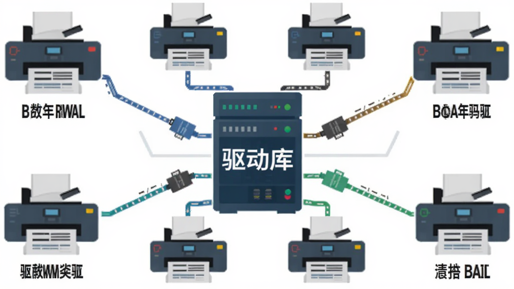 主体为多个品牌打印机图标围绕一个中央服务器,服务器上标有“驱动库”字样。布局采用放射状构图,中央服务器突出,四周打印机图标均匀分布。排版上,每个打印机下方标注品牌名称。风格为扁平化图标设计,色彩丰富但协调。细节包括连接线从服务器延伸至各打印机,画质锐利,背景纯白无干扰