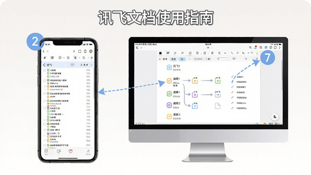 讯飞文档使用指南步骤图,主体为手机和电脑并排,屏幕显示文档列表,布局左右对称,风格清新,细节有步骤序号标注,画质干净,无多余元素