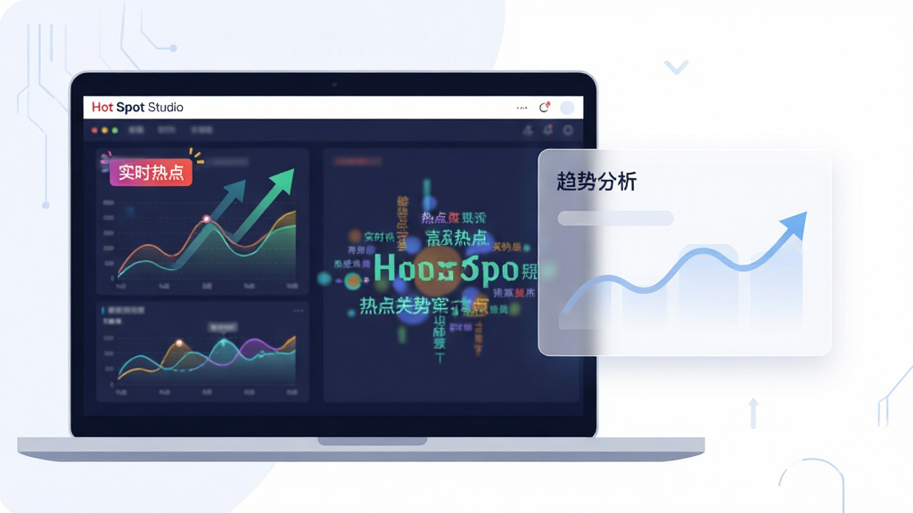 画面主体为Hot Spot Studio软件在笔记本电脑上运行的界面特写,屏幕中展示着动态数据图表和热点关键词云。布局上,电脑位于画面左侧三分之一处,右侧留白区域悬浮着半透明的趋势分析卡片。整体风格为现代科技感扁平插画,细节包括屏幕中闪烁的“实时热点”标签和上升箭头图标,画质清晰明亮,干净无多余元素。